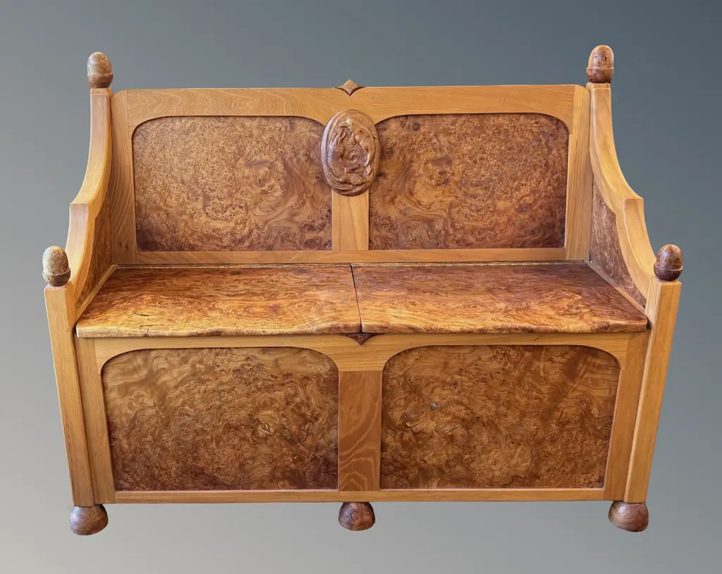 Burr Elm and Cedar Hall Seat with Internal Storage, Otter and Dolphin Central Motif, H95xW120xD51.5cm Image 1++