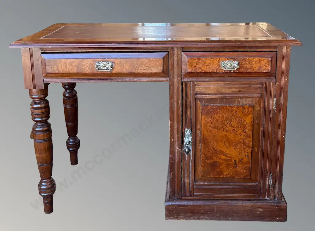 Mahogany Leather Inlay Writing Desk with Burr Totara Panels, 2 Drawers, Single Cupboard, H74xL106xD49cm Image 1++