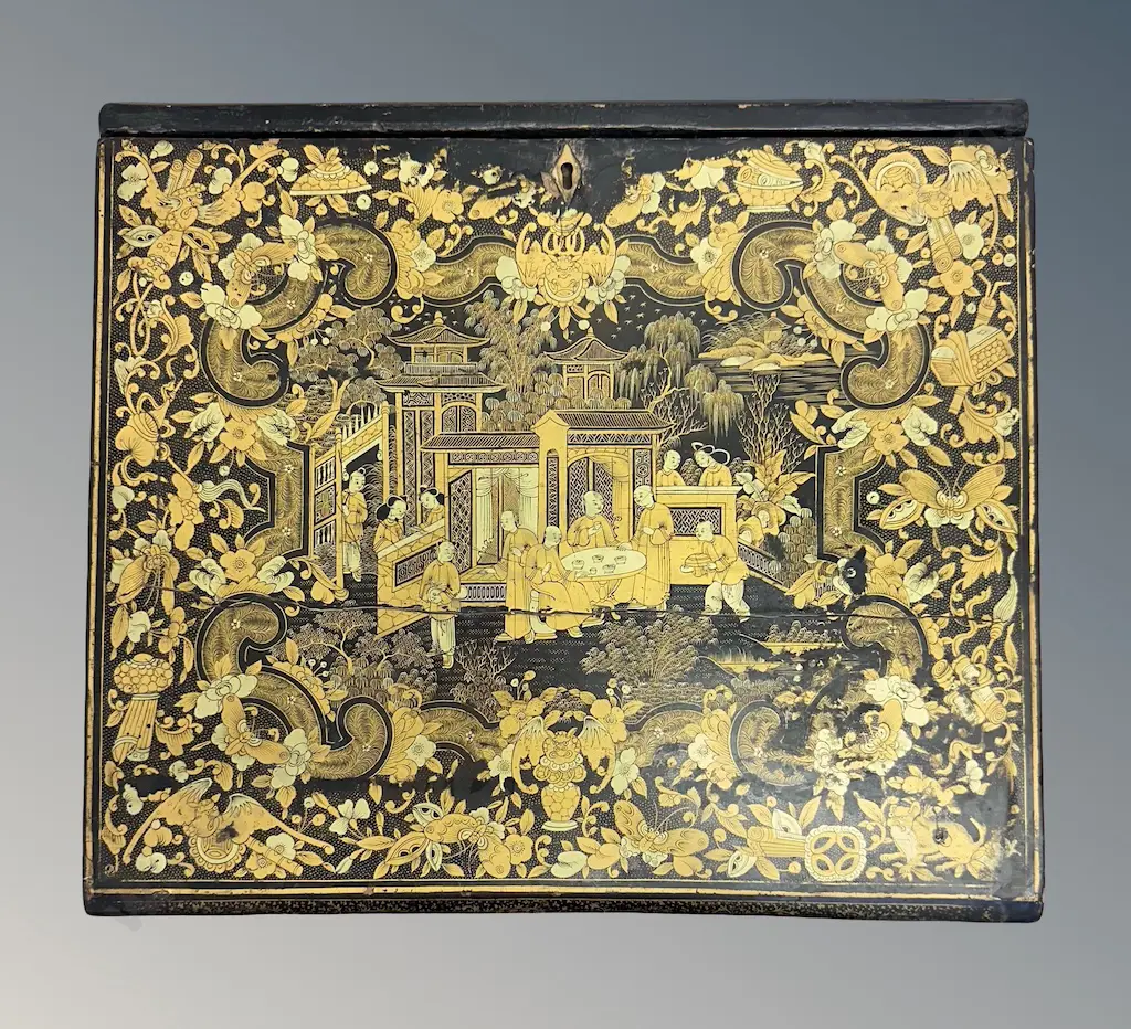 Ebony and Gilt Chinese Writing Box Embossed with Figures and Dragons, L39xW34cm Image 1++