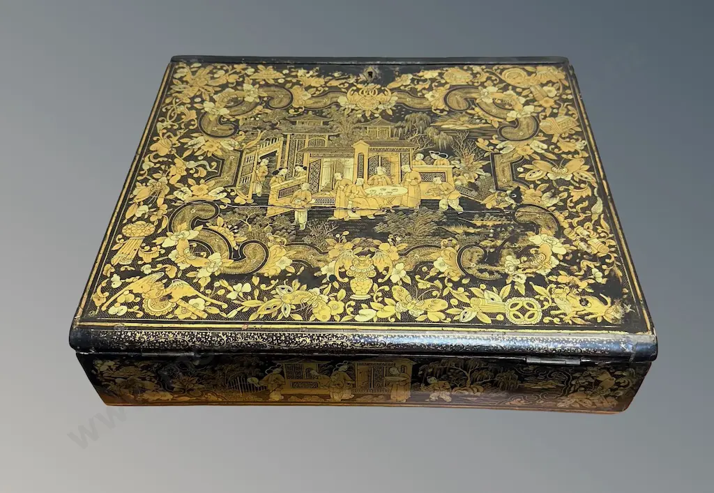 Ebony and Gilt Chinese Writing Box Embossed with Figures and Dragons, L39xW34cm Image 1++