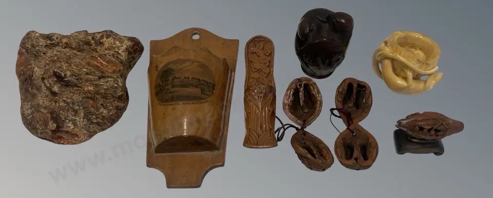 Treen Walnuts, Birds and Wall Mounted Pocket, Kauri Gum, Wooden Shoe Tooth Pick Holder & Lizard Image 1++