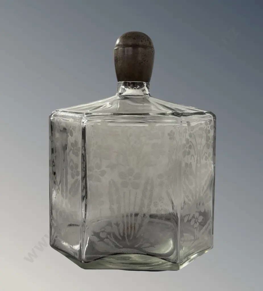Art Nouveau Hexagonal Etched Glass Bottle, H16cm Image 1++