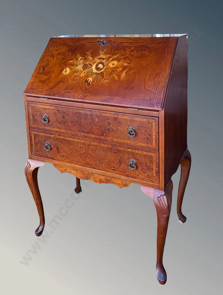 Flame Mohgany Dropfront Writing Desk with Floral Fruitwood Inlay, Two Drawers with Brass Pulls on Queen Anne Legs Image 1++