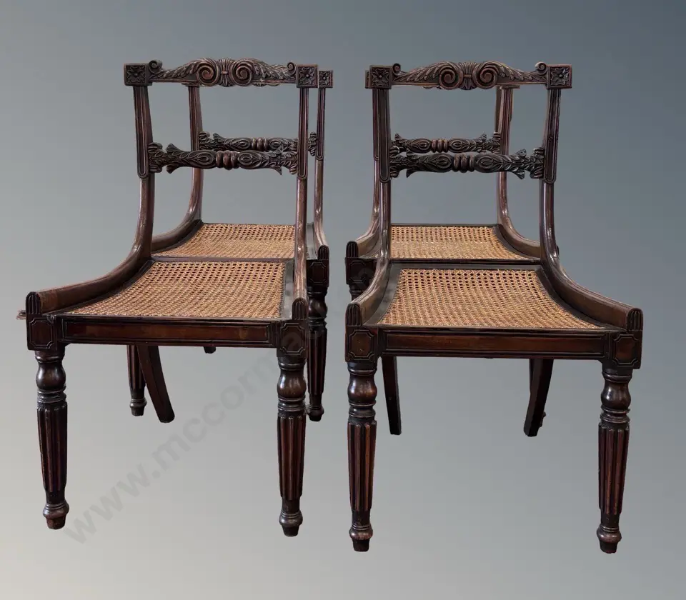 Set of Four Carved Blade Back Dining Chairs with Reeded Legs and Cane Seats, with Upholstered Cushions Image 1++