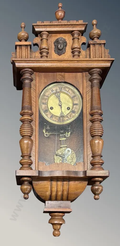 Mahogany Brass Faced Wall Clock with Turned Finials, H56cm Image 1++