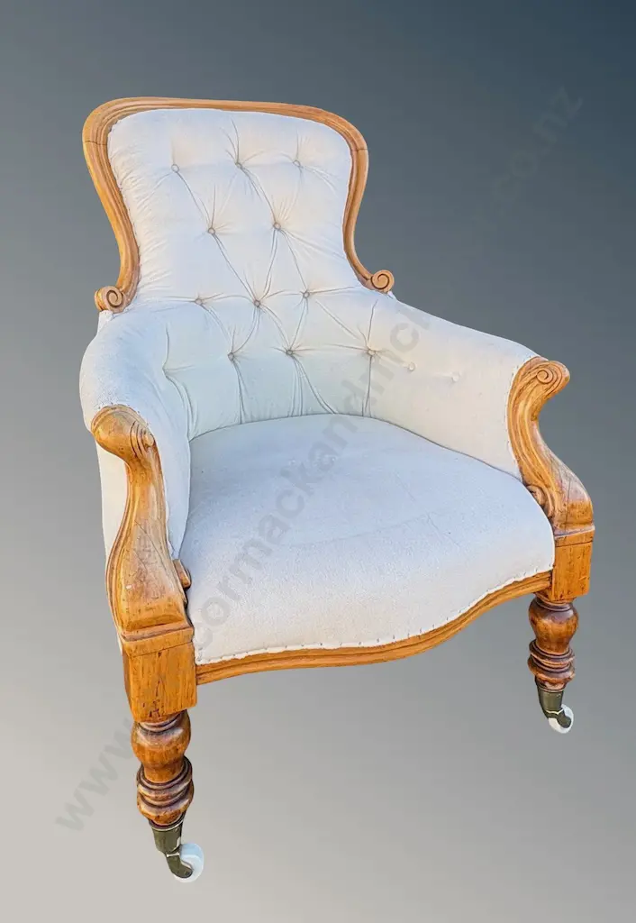 Cream Upholstered Deep Buttoned Grandfather's Chair with Turned Legs on Brass and Porcelain Castors Image 1++