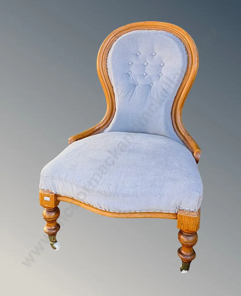 Pale Blue Upholstered Grandmothers Chair, Deep Buttoned with Brass and Porcelain Castors Image 1++