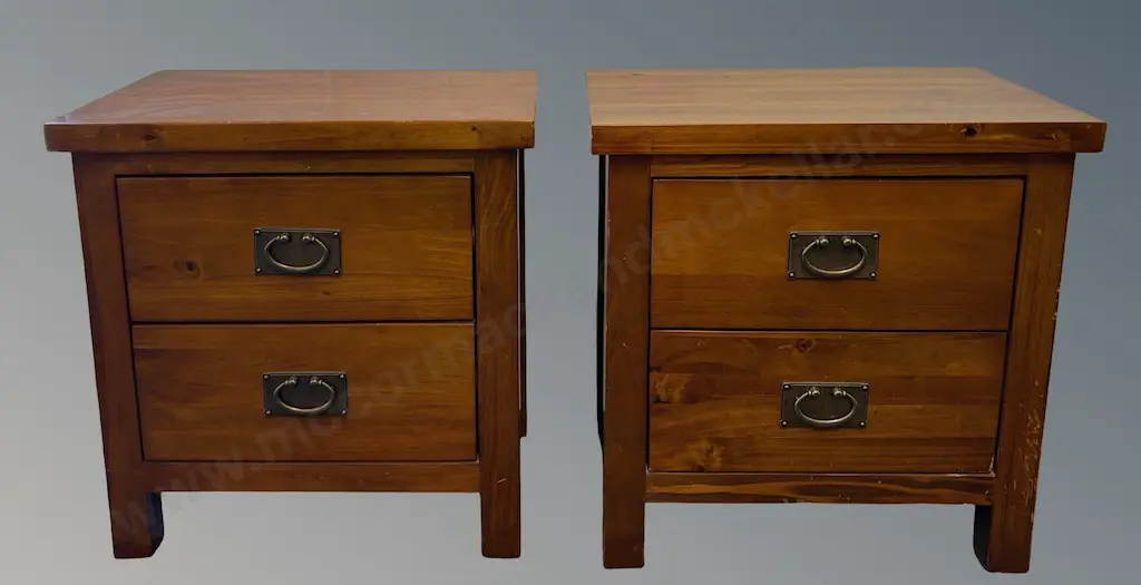 Pair of Two Drawer Bedside Tables with Brass Pull Panels H56xL54.5xD37cm Image 1++