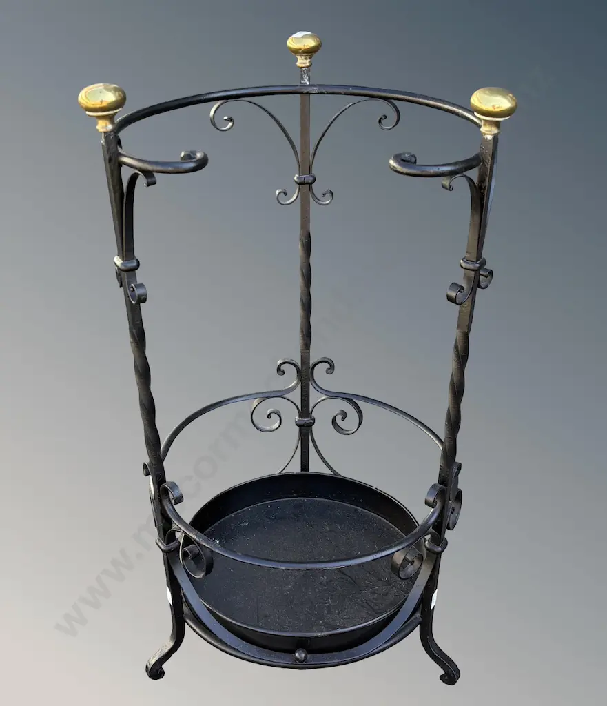 Ornate Iron Umbrella & Walking Stick Stand with Turned Bass Knobs and Metal Catch Tray H65cm Image 1++