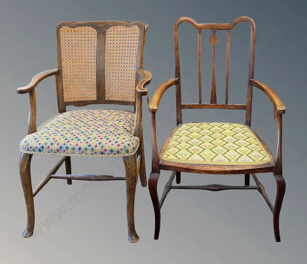 Two Elbow Chairs with Tapestry Upholstered Seats Image 1++