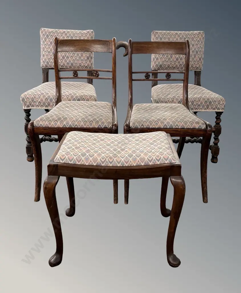 Pair of Oak Blade Back Dining Chairs, Pair of Oak Upholstered Dining Chairs with Barley Twist Legs and Stool with Image 1++
