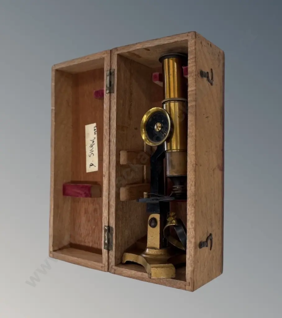 Small Brass Microscope, c.1900? Wood Case, Good Condition Image 1++