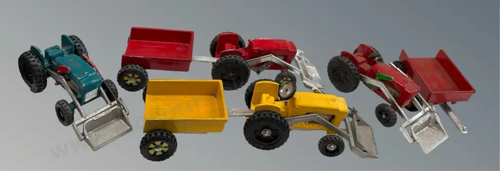 Four Fun Ho! No. 801 Front End Loaders, Three No. 806 Trailers, some missing steering wheels (repainted) Image 1++