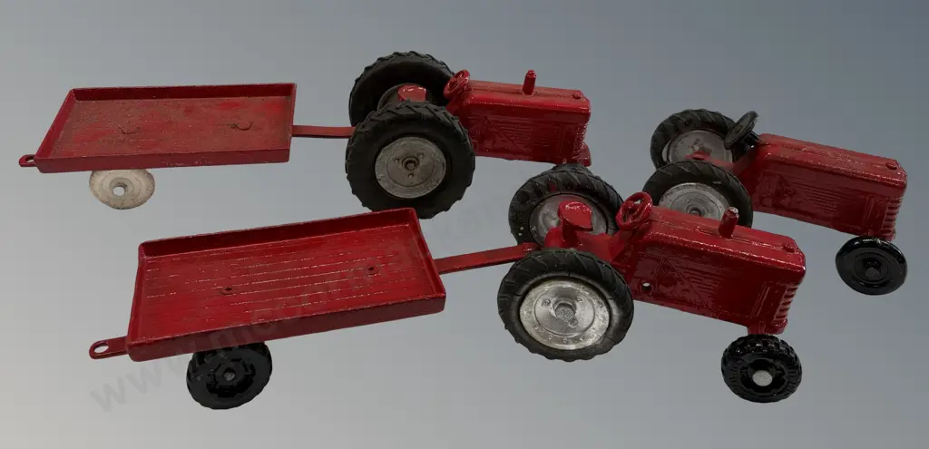 Three Fun Ho! 407 Tractors and Two added Trailers (repainted) Image 1++