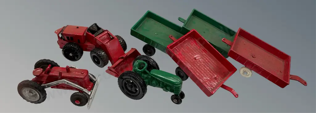 Fun Ho! No.505 Tractor, No. 526 T/Trailers (four), Tonka Front End Loader and Fun Ho! No. 407 Tractor (AF, repainted) Image 1++