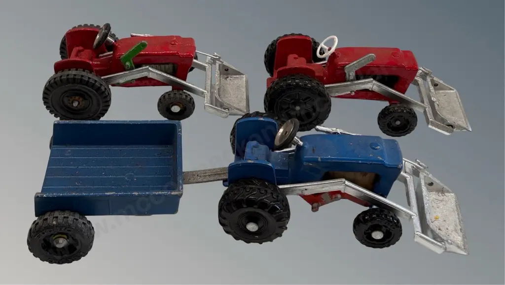 Three Fun Ho! No. 801 Front End Loaders, one with Trailer (repainted, steering wheels added) Image 1++