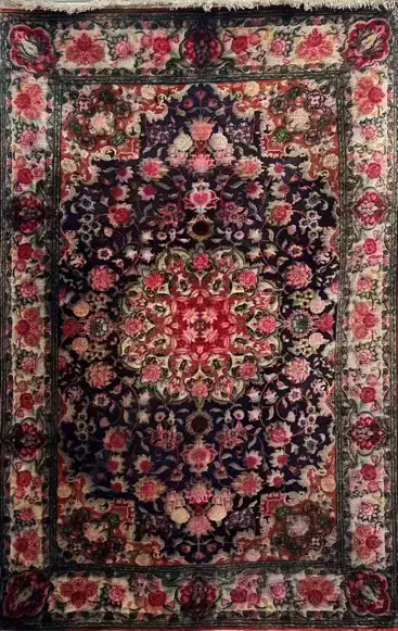 Silk Rug - Pink & Blue Rose and Floral Design, 157x112cm Image 1++