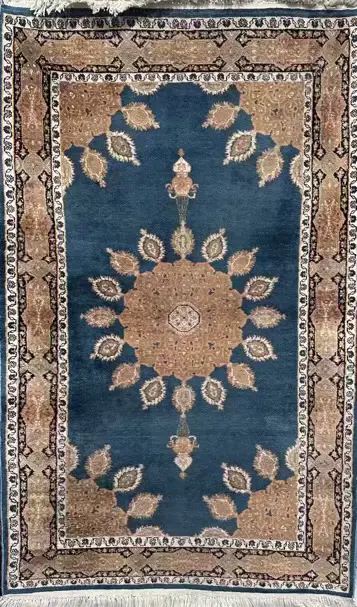 Silk Rug - Teal, Brown and Cream Tones, 158x95cm Image 1++