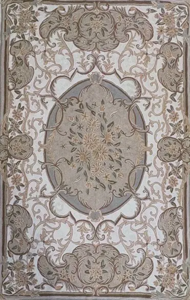 Hand Stitched Wool Embroidered Rug, Cream and Taupe Tones, L183x119cm Image 1++