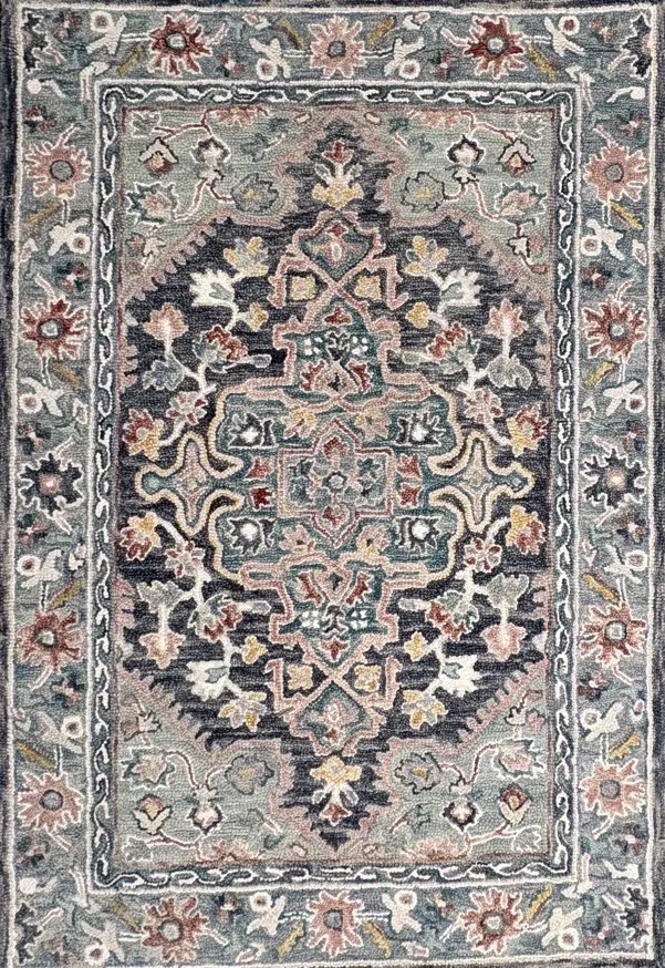 Zharah Looped Wool Rug made in India, Cream, Green and Pink tones with Floral design, 233x155cm Image 1++