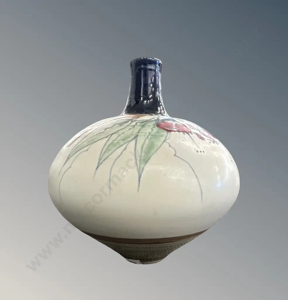 Neil Grant, NZ - Pottery Lustre Bottle with Pohutukawa Design, H17xW19.5cm Image 1++