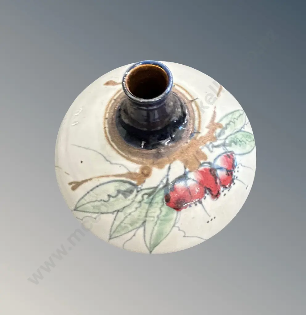 Neil Grant, NZ - Pottery Lustre Bottle with Pohutukawa Design, H17xW19.5cm Image 1++