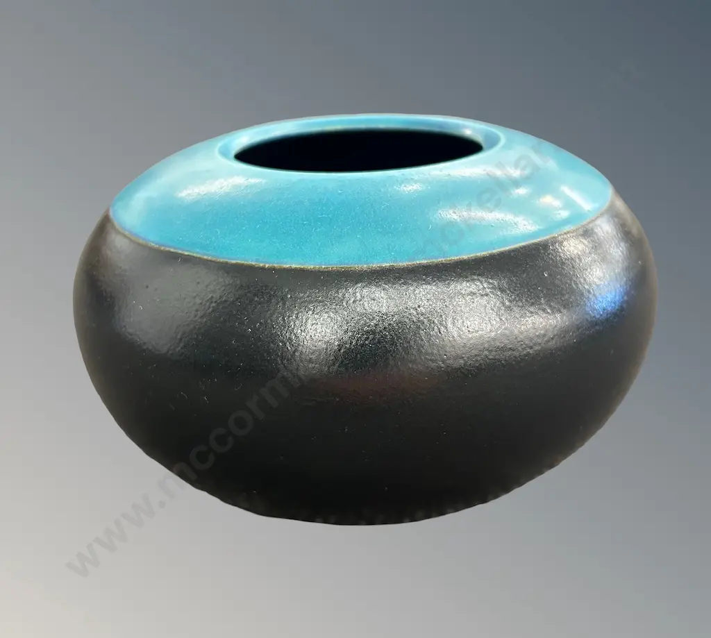 Danny Morewood, NZ - Turquoise & Black Pottery Vase, H11.5xDia19.5cm Image 1++