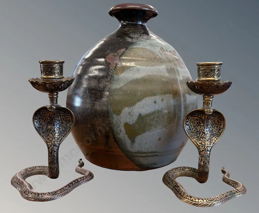 Signed SP NZ Pottery Vase H22cm, Pair of Brass Snake Candlesticks H14cm Image 1++