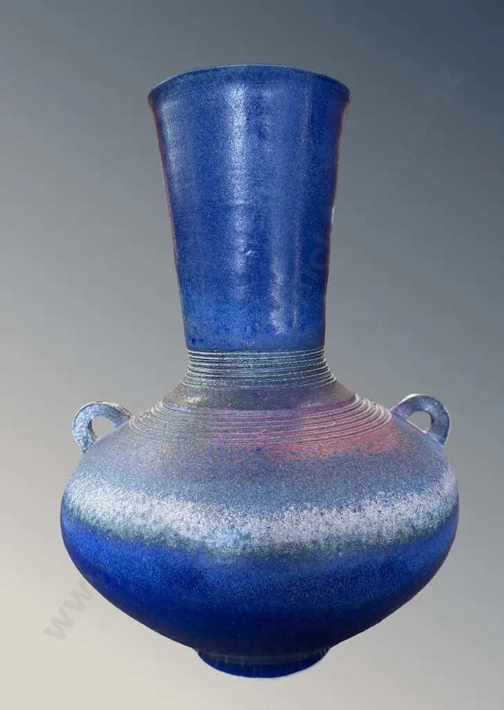 Two Handled Blue Glazed Pottery Vase with Pink and Cream Accents, H42cm Image 1++