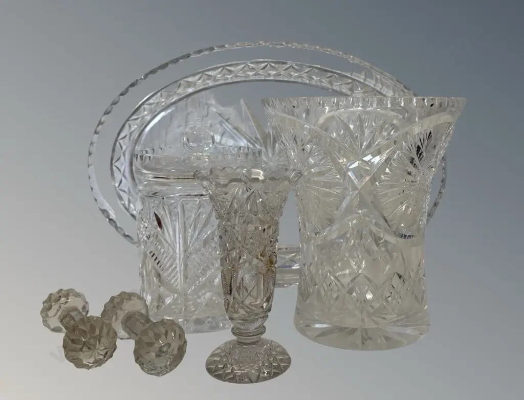 Selection of Cut Crystal - 2 Vases 1AF, Biscuit Barrel, Serving Dish and 2 Knife Rests Image 1++