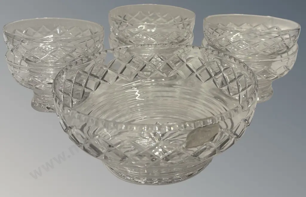 Stuart Crystal Bowl with 6 matching Coupe Stemmed Bowls Image 1++