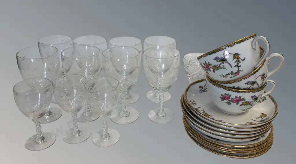 John Bates & Co ChCh  Cups, Saucers & Side Plates, 11 Etched Star Patterned Twist Stem Glasses, etc Image 1++
