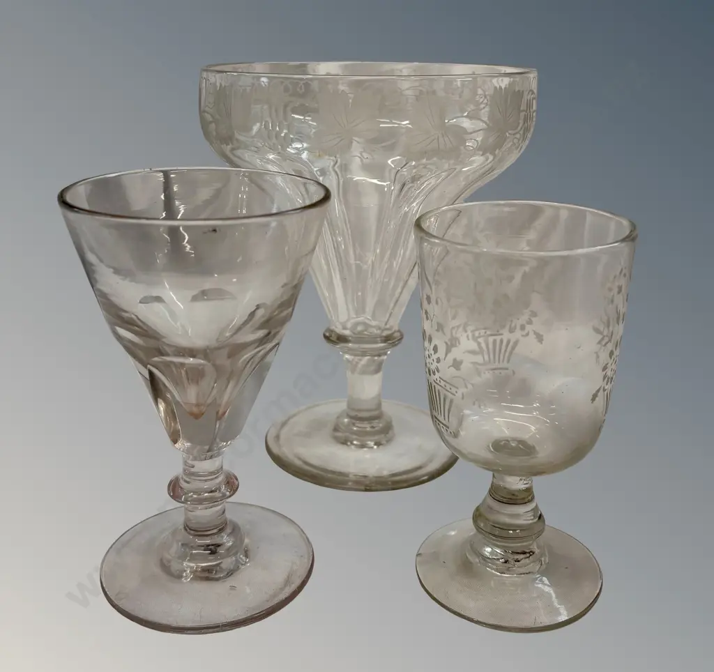 Early Etched Glass Vase and 3 Stemmed Glasses Image 1++