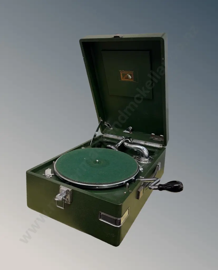 His Master's Voice - Portable Gramophone in green leatherette case Image 1++
