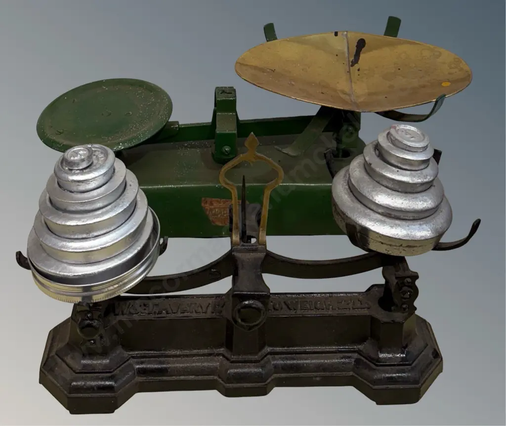 W&T Avery Scale & Weights and Enameled Green Scales with mismatched brass basket Image 1++