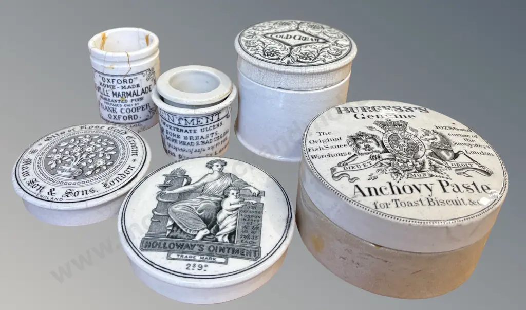 Antique Porcelain Vanity Jar, Marmalade (AF) & Anchovy Paste Pots, Ointment Pot & 2 Lids, H4cm to H6cm, Dia4cm to 8.5cm Image 1++