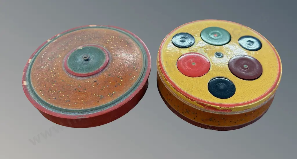 Round Wooden Puzzle Box Featuring Various Coloured Interstacking Containers D8cm Image 1++