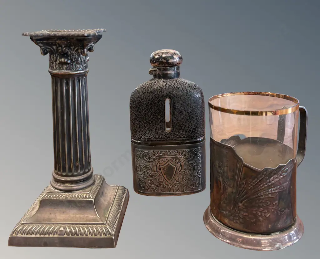 Leather and Silver Embossed Hip Flask H14cm, Silver Embossed Glass Holder and Corinthian Candlestick Image 1++