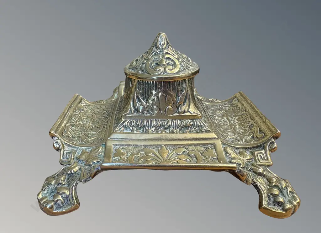 Ornate Brass Inkwell Holder (no liner), L14xW14xH9cm Image 1++