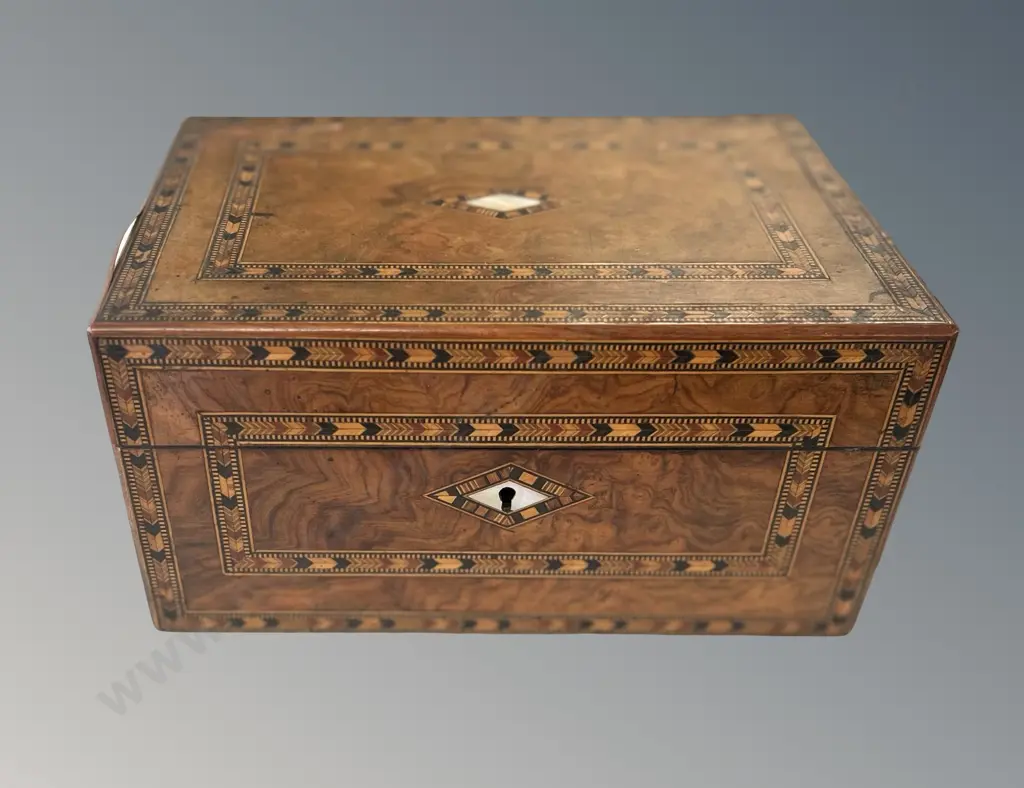 Burr Walnut Decorative Box with Ebony and Fruitwood Inlay and Ivory Escutcheons, L25xH13xD17cm Image 1++
