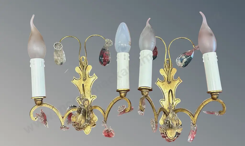 Pair of Brass Wall Sconces with Drop Crystals Image 1++