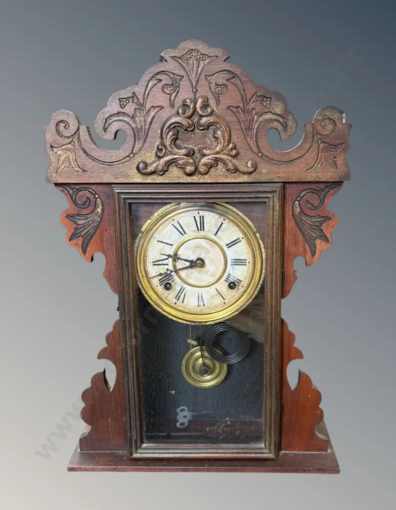 Welch Ornately Carved Mantle Clock, with key, H52cm Image 1++
