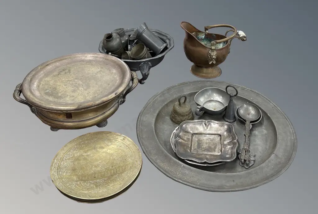Collection of Pewter, Brass and Copper - Charger, Plates, Miniature Coal Scuttle, Hot Plate, Jugs, etc Image 1++