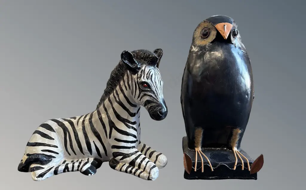 Tin Owl H40cm and Plaster Zebra H32cm Image 1++