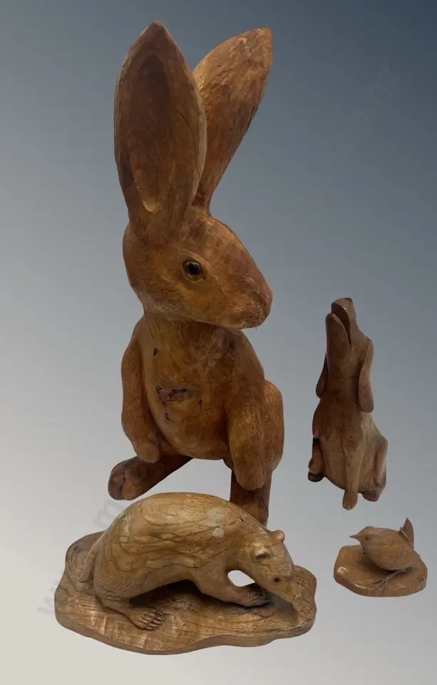 Four Wooden Carved Animals - Rabbit, Bear, Dog and Bird Image 1++