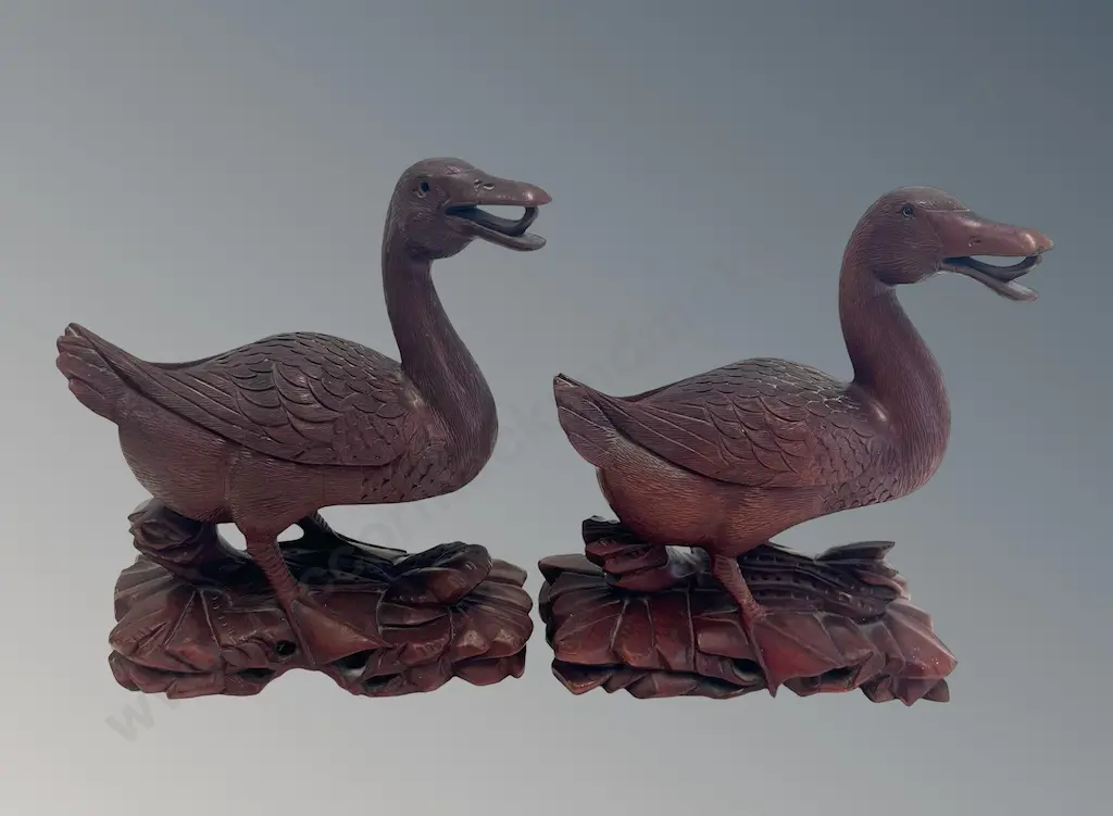 Pair of Wooden Carved Ducks, H16cm Image 1++
