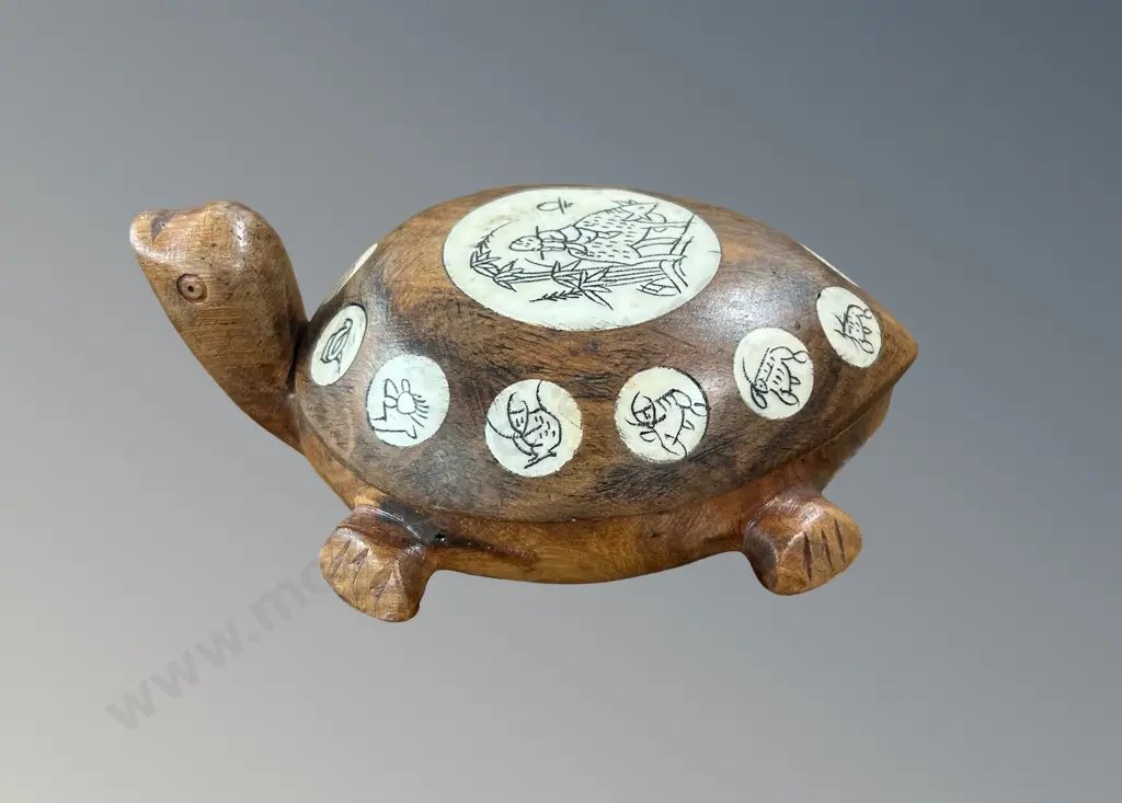 Signed Engraved Ivory and Wooden Turtle Compass Image 1++