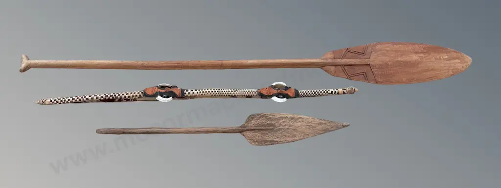 Papa New Guinea Spear, Bow and Wooden Paddle Image 1++