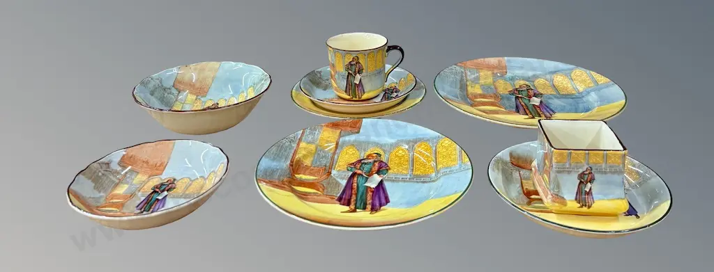 Royal Doulton Shylock Plates, Bowls, Cups and Vase (9) Image 1++