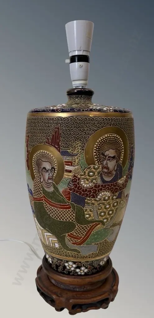 Japanese Satsuma Moriage Lamp Base on Wooden Stand, H45cm Image 1++